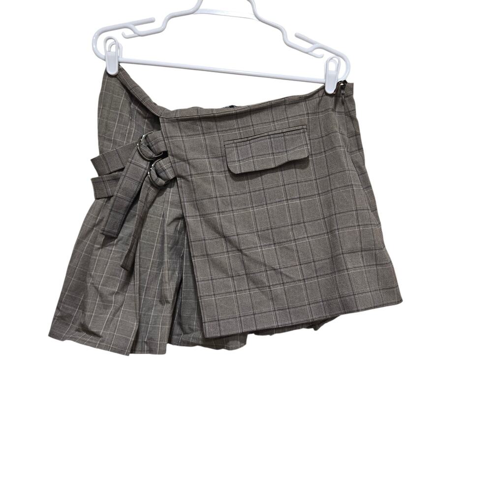 Zara Brown Plaid Wrap Mini Skirt Pleated D-Ring Belt XL